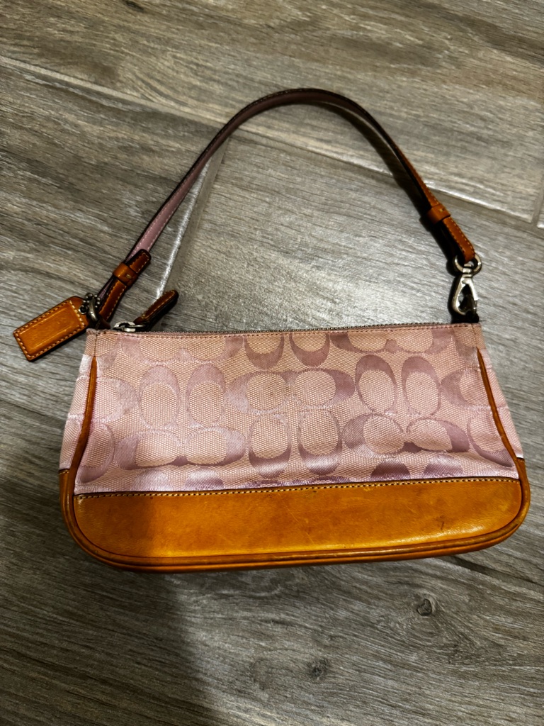 Vintage Y2k Coach Pink Signature Canvas Shoulder Bag With Tan Leather Trim